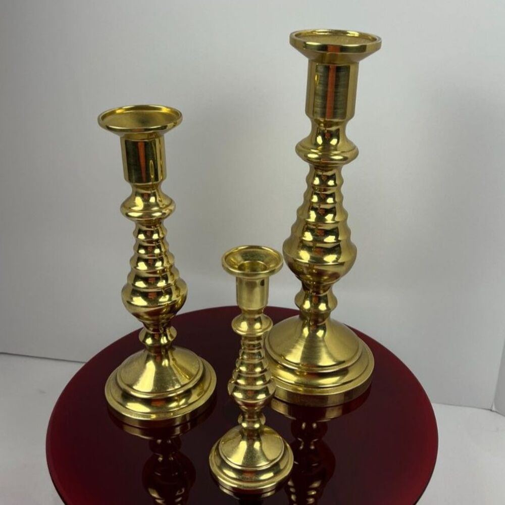 Vintage Harvin Co. Solid Brass Beehive Candlesticks Graduated Trio(12", 10", 7")